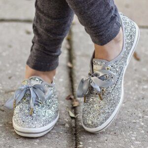 Keds Kate Spade Silver Glitter Champion Sneaker, size 8